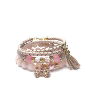 Komplet trzech bransoletek wykonanych z naturalnych kamieni: kolory różowe, perły Swarovski