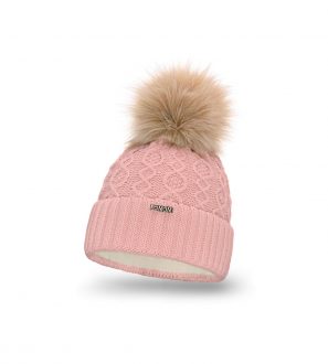 Zimowa różowa czapka damska z futerkiem i pomponem